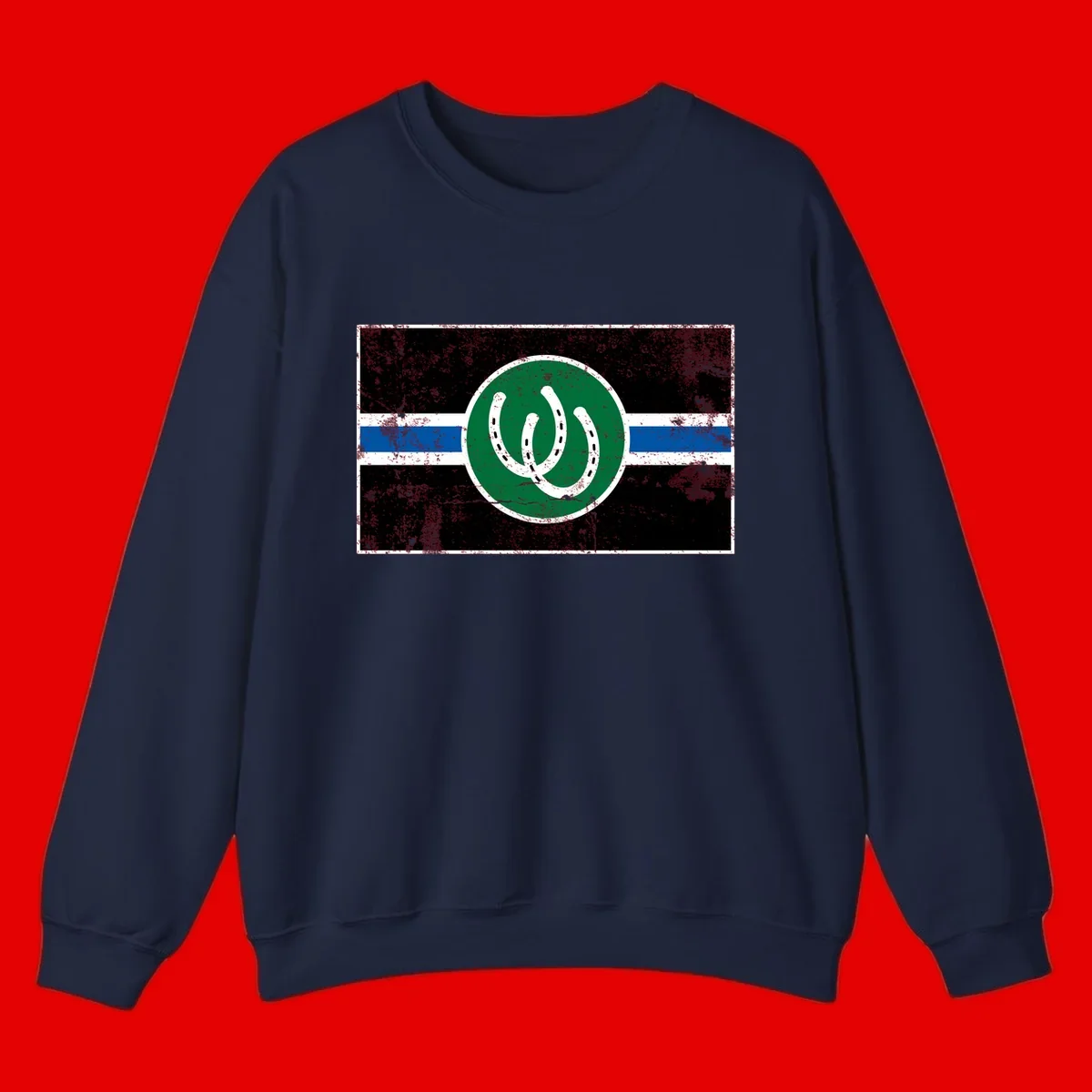 Lucky horseshoe stripes badge design with two white horseshoes on green circle and horizontal black, white, blue striped background with distressed texture