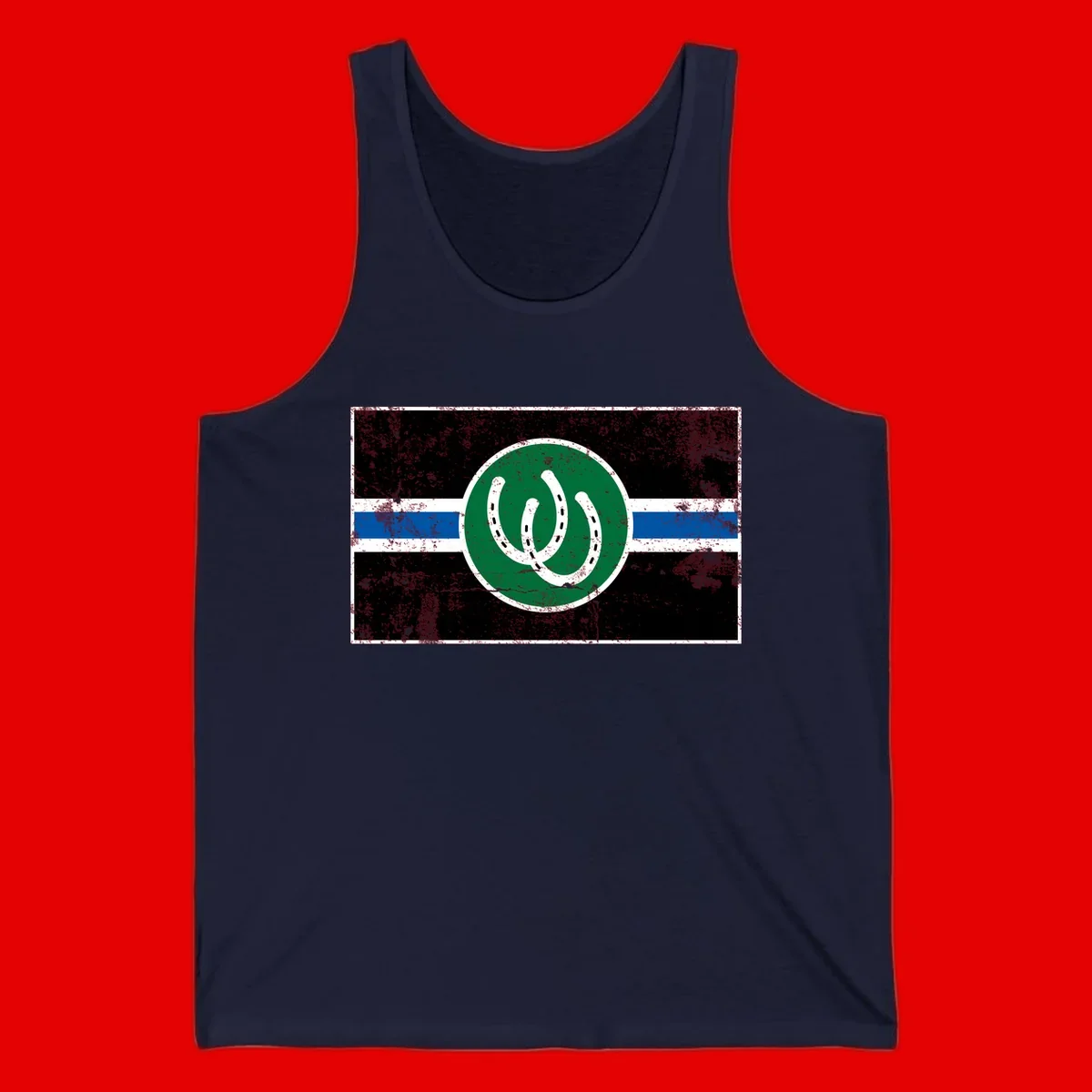 Lucky horseshoe stripes badge design with two white horseshoes on green circle and horizontal black, white, blue striped background with distressed texture