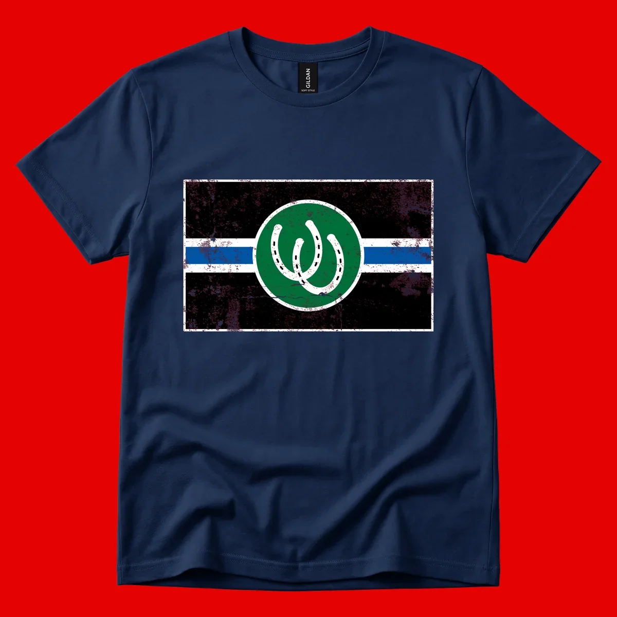 Lucky horseshoe stripes badge design with two white horseshoes on green circle and horizontal black, white, blue striped background with distressed texture