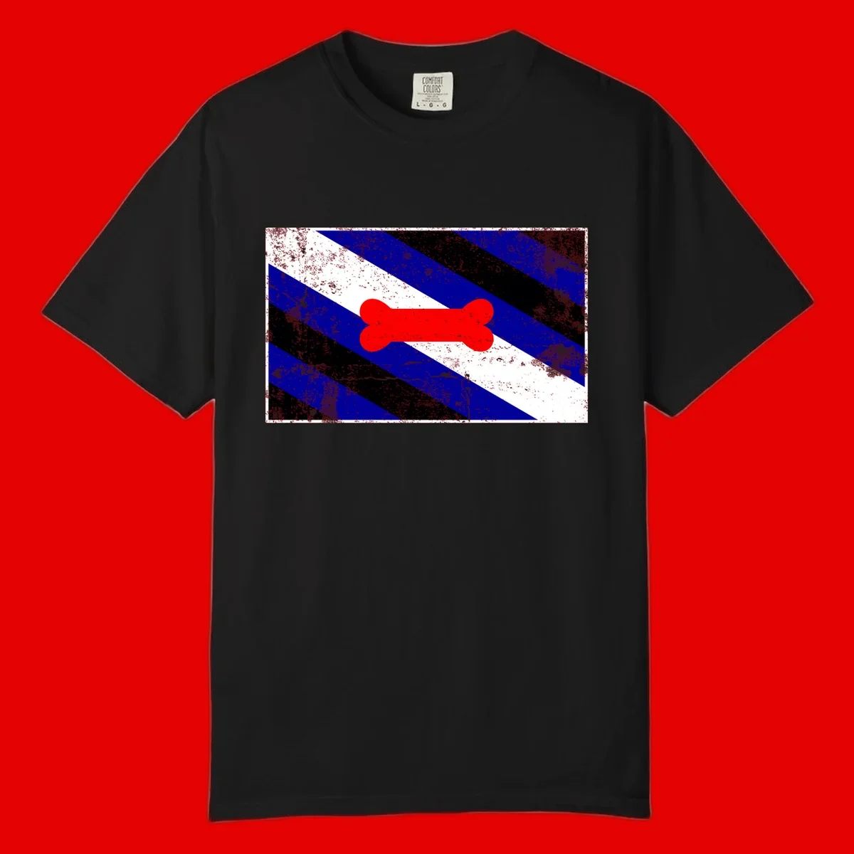 Red bone shape on distressed blue, white, and black diagonal striped background with pride flag colors