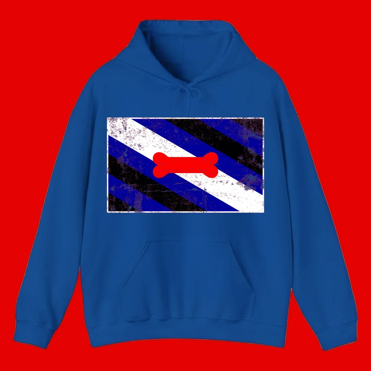 Red bone shape on distressed blue, white, and black diagonal striped background with pride flag colors