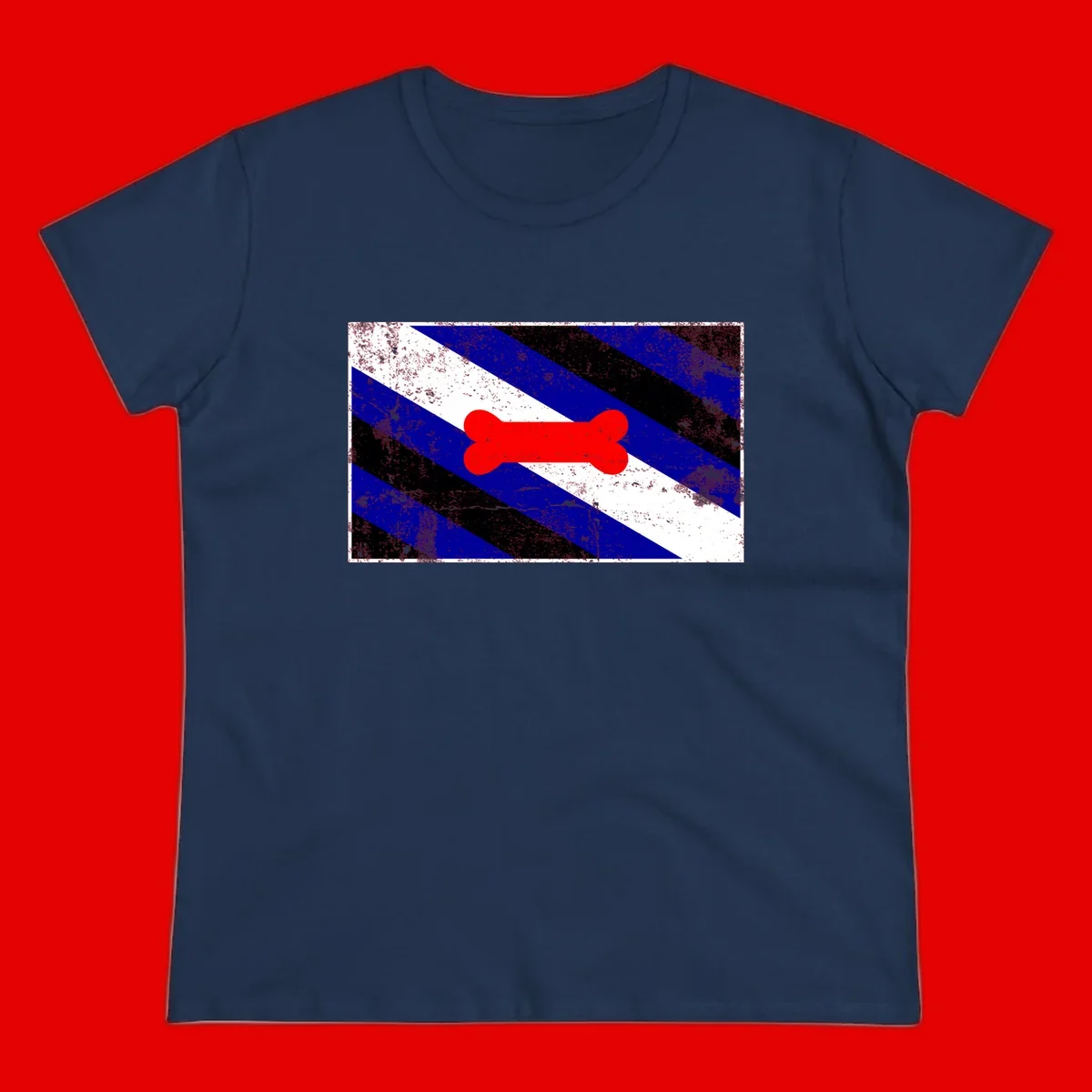 Red bone shape on distressed blue, white, and black diagonal striped background with pride flag colors