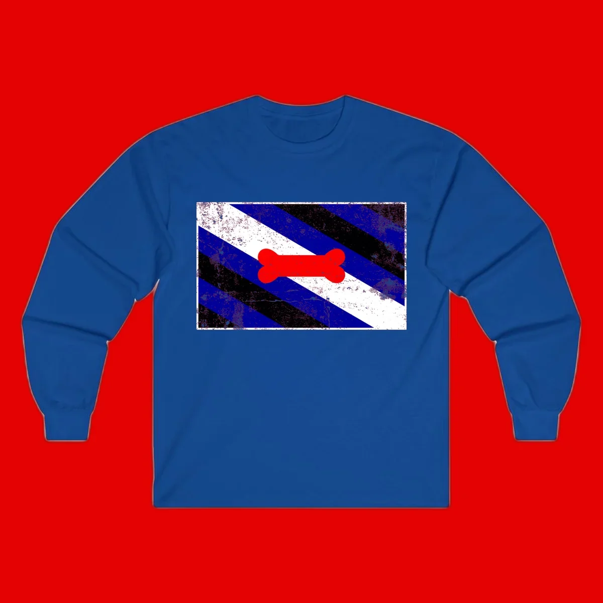 Red bone shape on distressed blue, white, and black diagonal striped background with pride flag colors