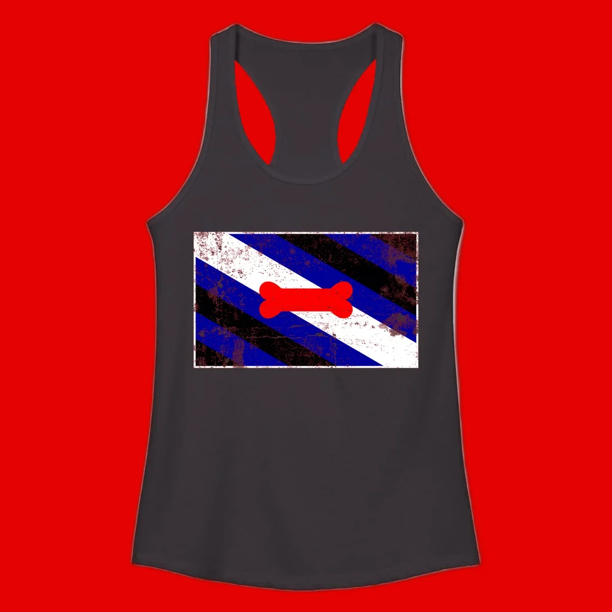 Red bone shape on distressed blue, white, and black diagonal striped background with pride flag colors