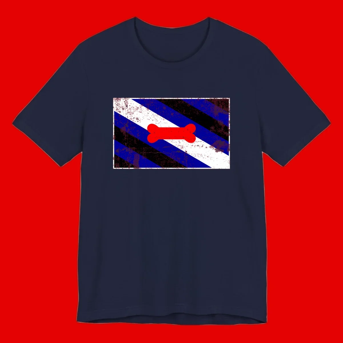 Red bone shape on distressed blue, white, and black diagonal striped background with pride flag colors