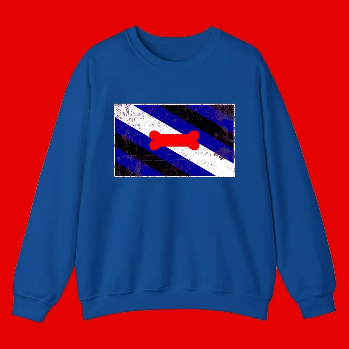 Red bone shape on distressed blue, white, and black diagonal striped background with pride flag colors