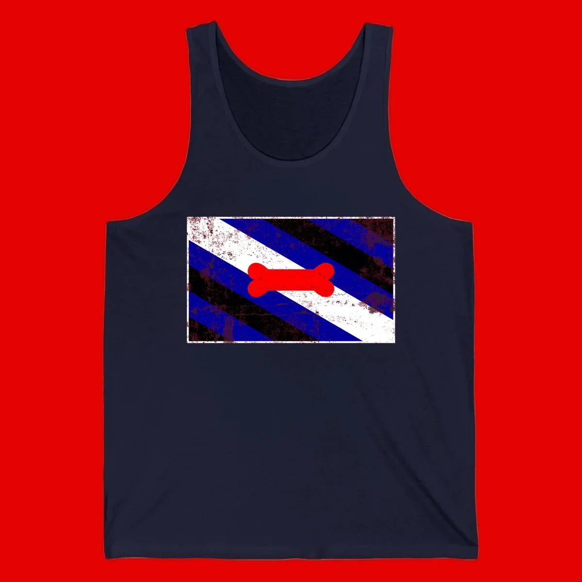 Red bone shape on distressed blue, white, and black diagonal striped background with pride flag colors