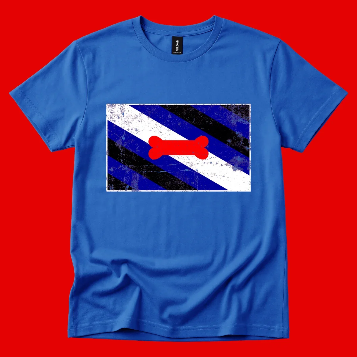Red bone shape on distressed blue, white, and black diagonal striped background with pride flag colors