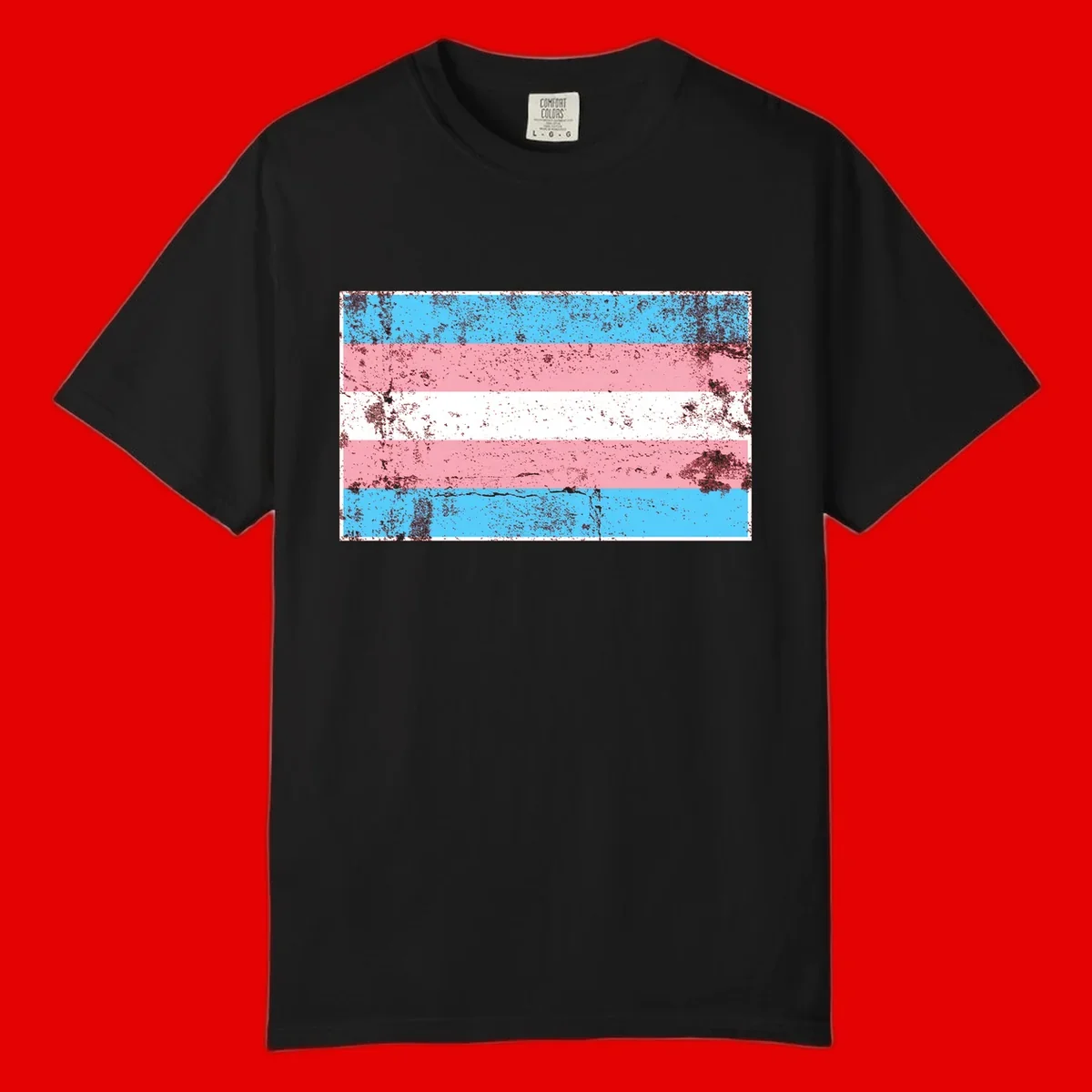 Distressed transgender pride flag with cyan, pink, and white horizontal stripes and weathered grunge texture