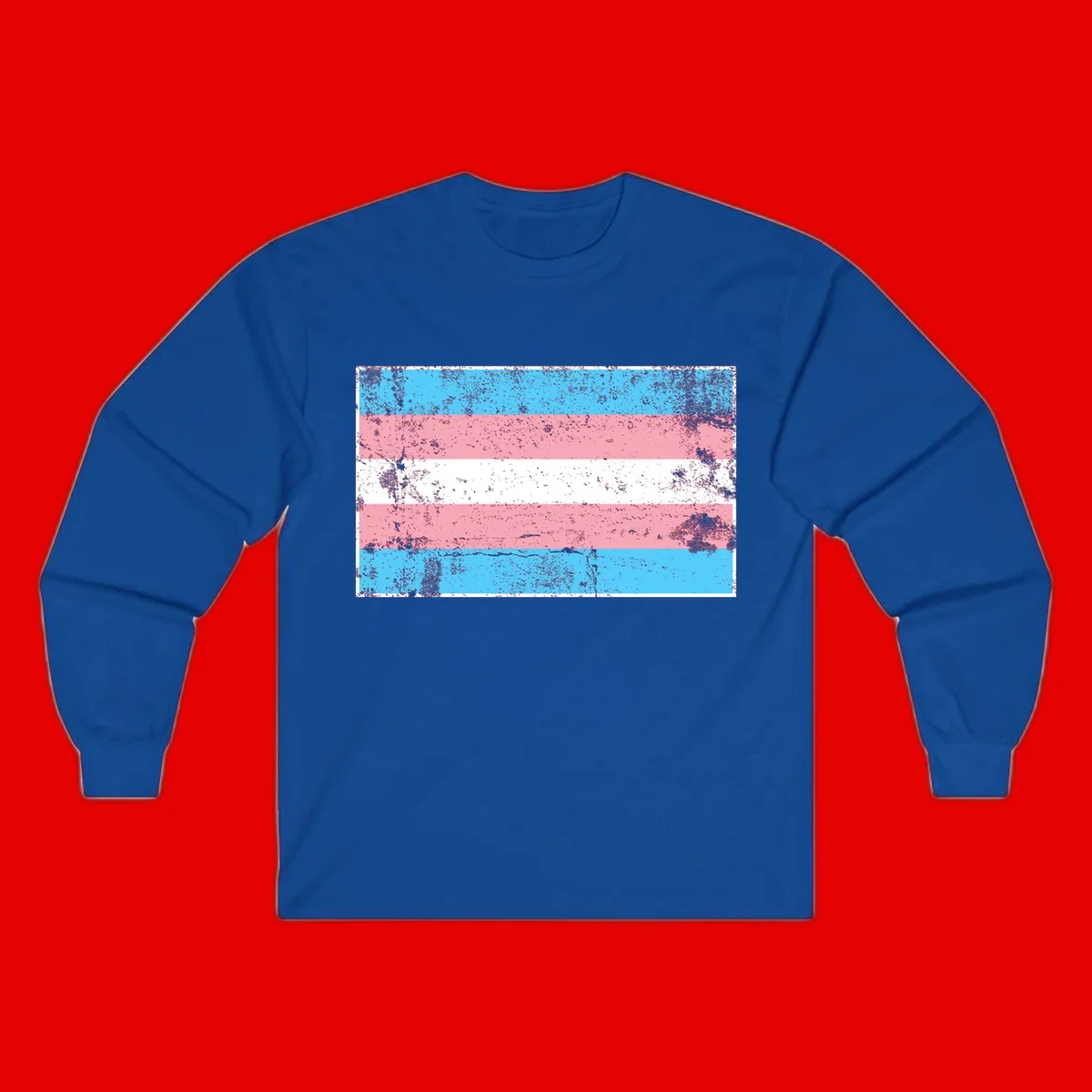 Distressed transgender pride flag with cyan, pink, and white horizontal stripes and weathered grunge texture