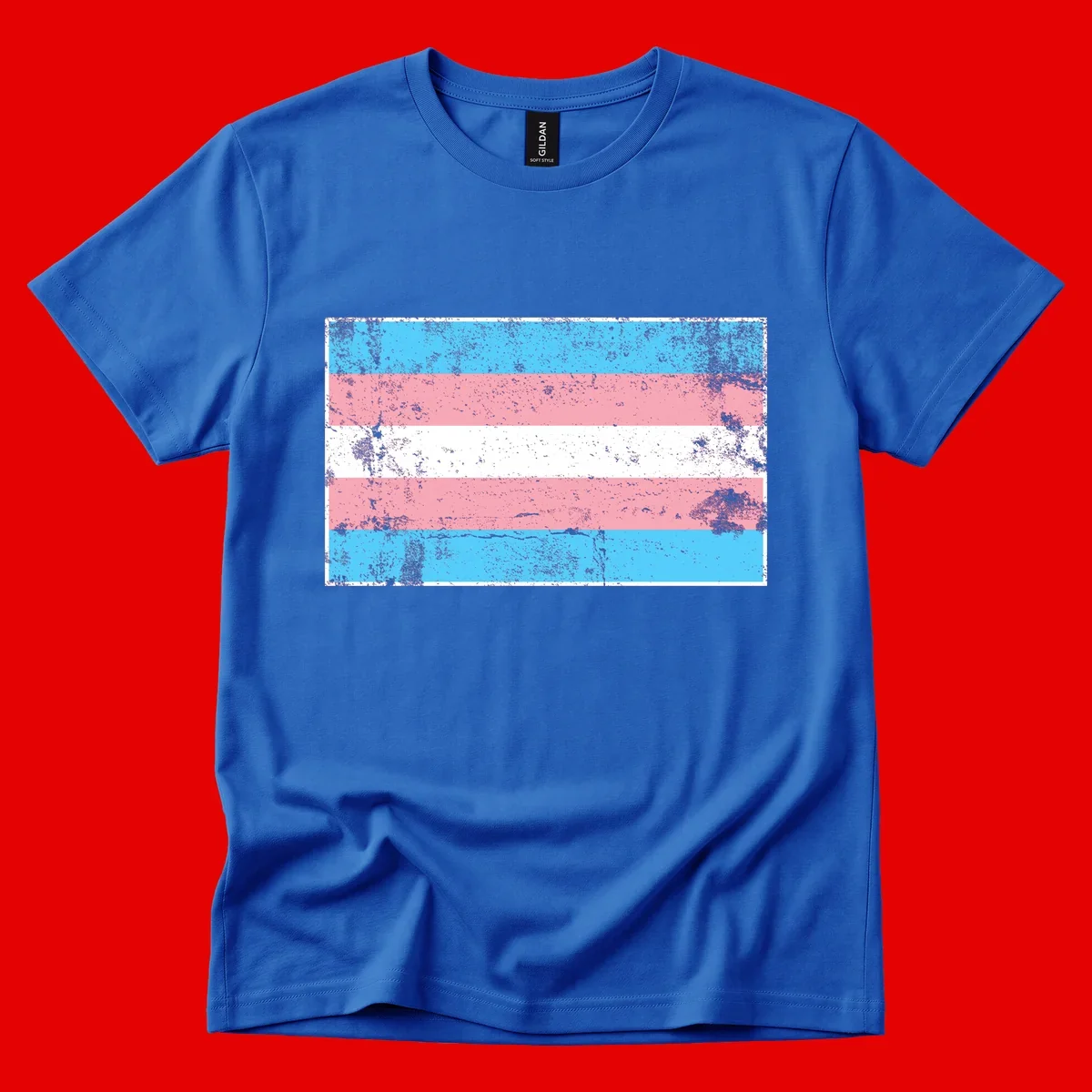 Distressed transgender pride flag with cyan, pink, and white horizontal stripes and weathered grunge texture