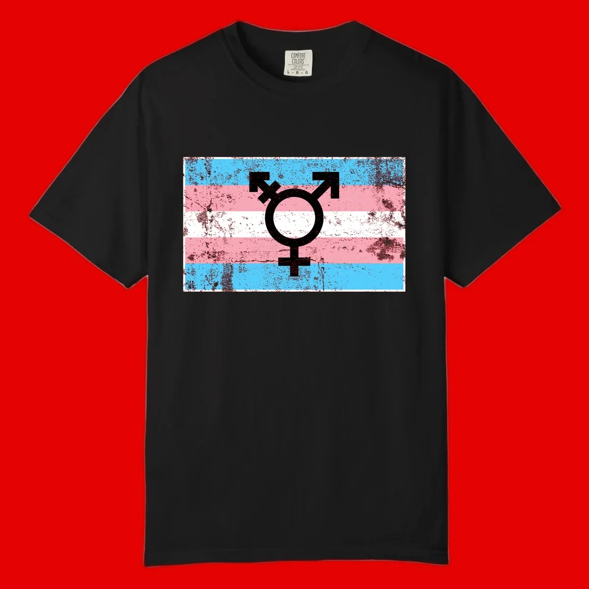 Transgender pride symbol with male and female combined icon on cyan, pink, and white striped distressed flag background