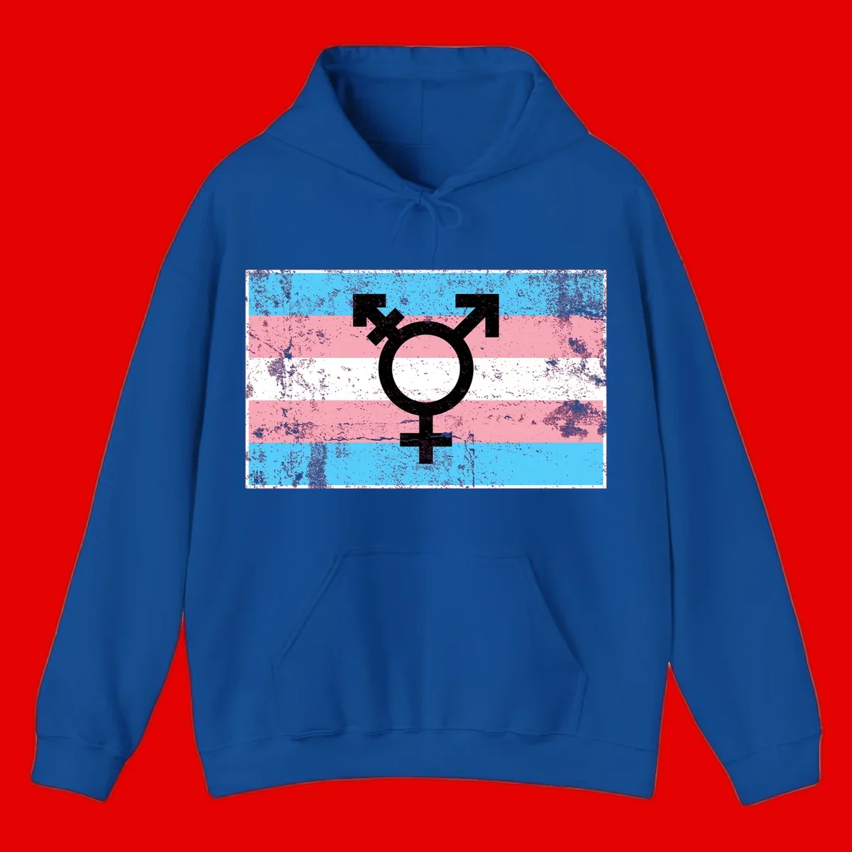 Transgender pride symbol with male and female combined icon on cyan, pink, and white striped distressed flag background