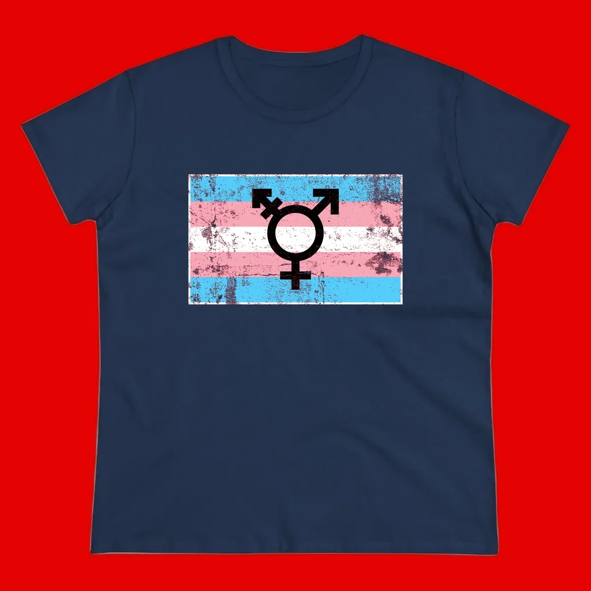 Transgender pride symbol with male and female combined icon on cyan, pink, and white striped distressed flag background