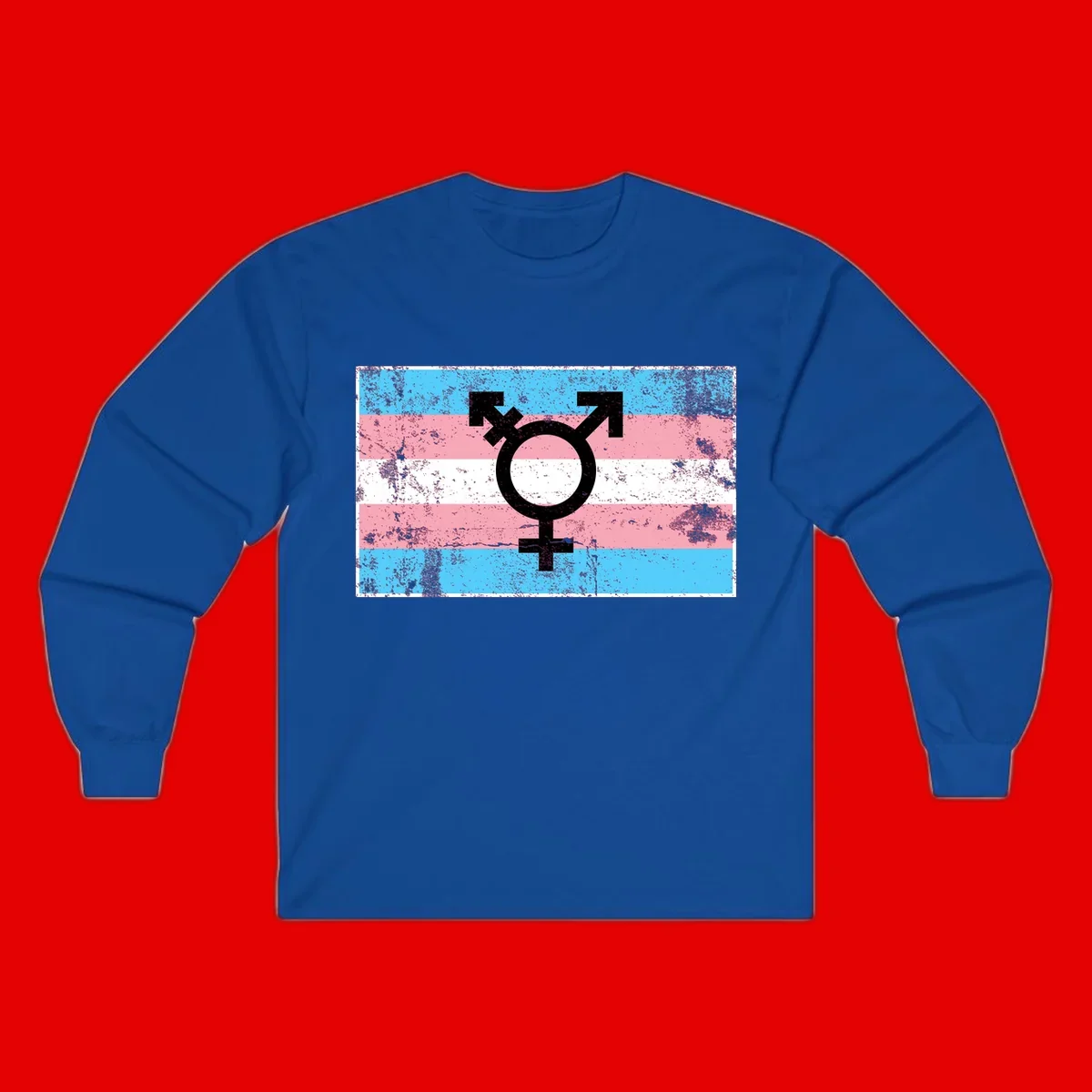 Transgender pride symbol with male and female combined icon on cyan, pink, and white striped distressed flag background