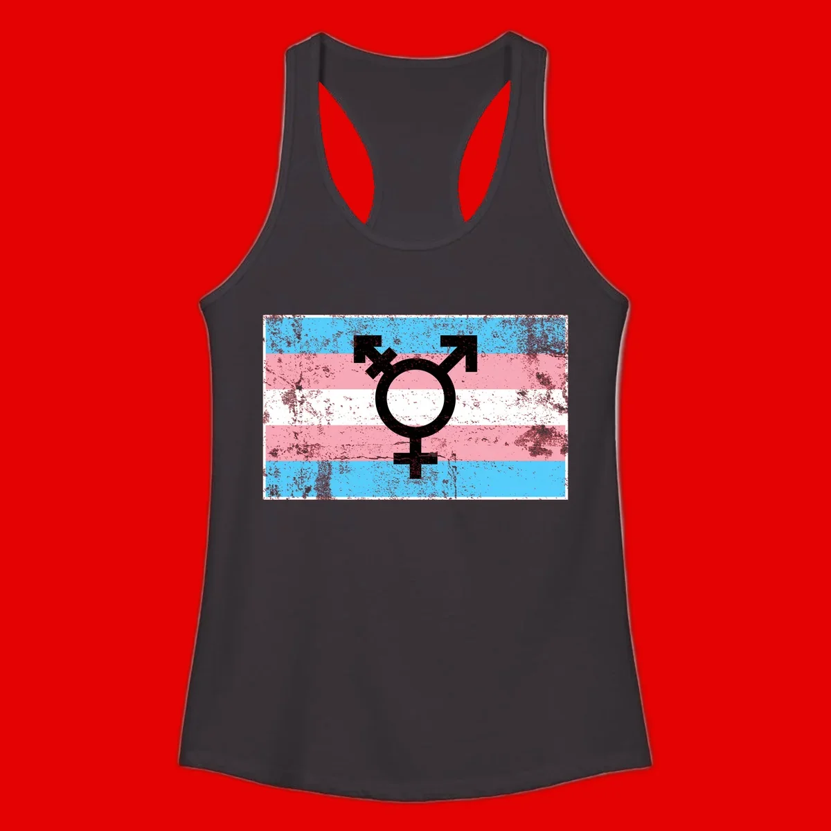 Transgender pride symbol with male and female combined icon on cyan, pink, and white striped distressed flag background