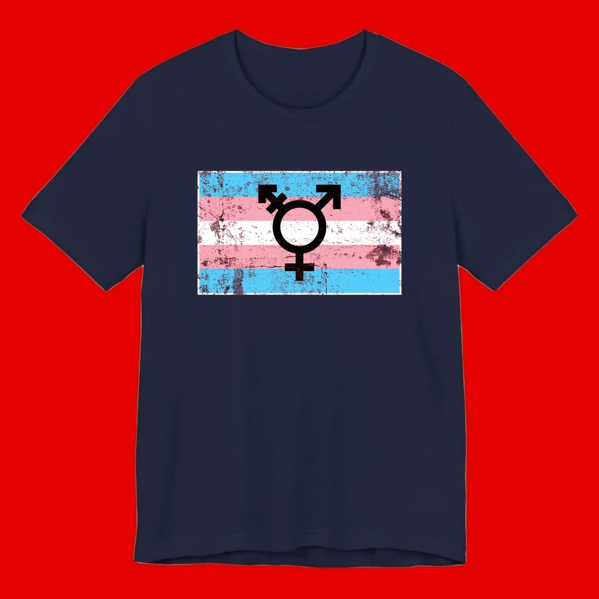 Transgender pride symbol with male and female combined icon on cyan, pink, and white striped distressed flag background