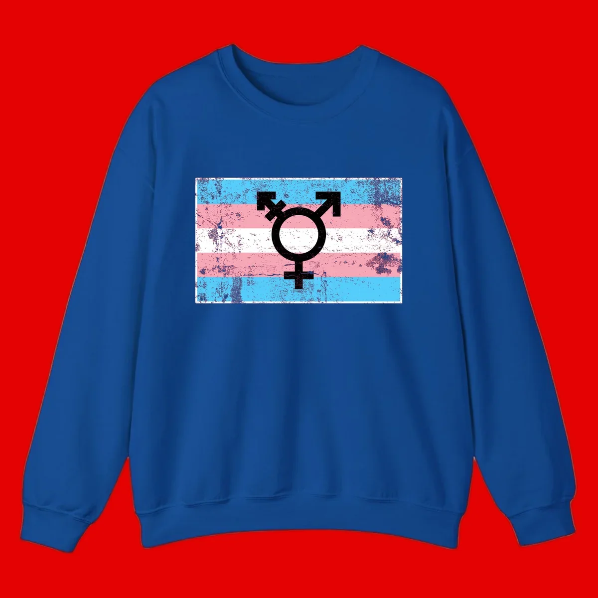 Transgender pride symbol with male and female combined icon on cyan, pink, and white striped distressed flag background