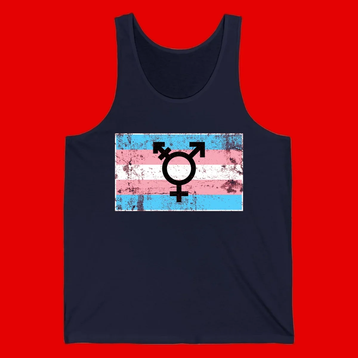 Transgender pride symbol with male and female combined icon on cyan, pink, and white striped distressed flag background