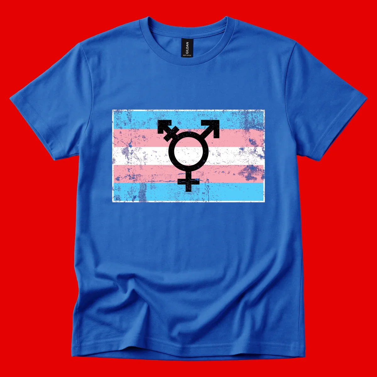 Transgender pride symbol with male and female combined icon on cyan, pink, and white striped distressed flag background
