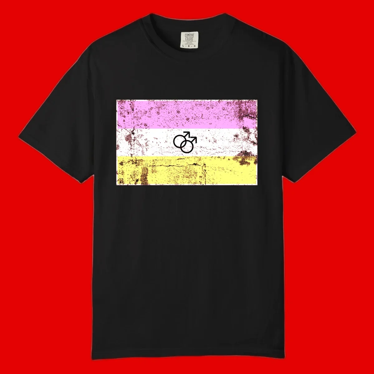 Male pride flag design with interlocking mars symbols on pink, white, and yellow horizontal stripes with distressed texture