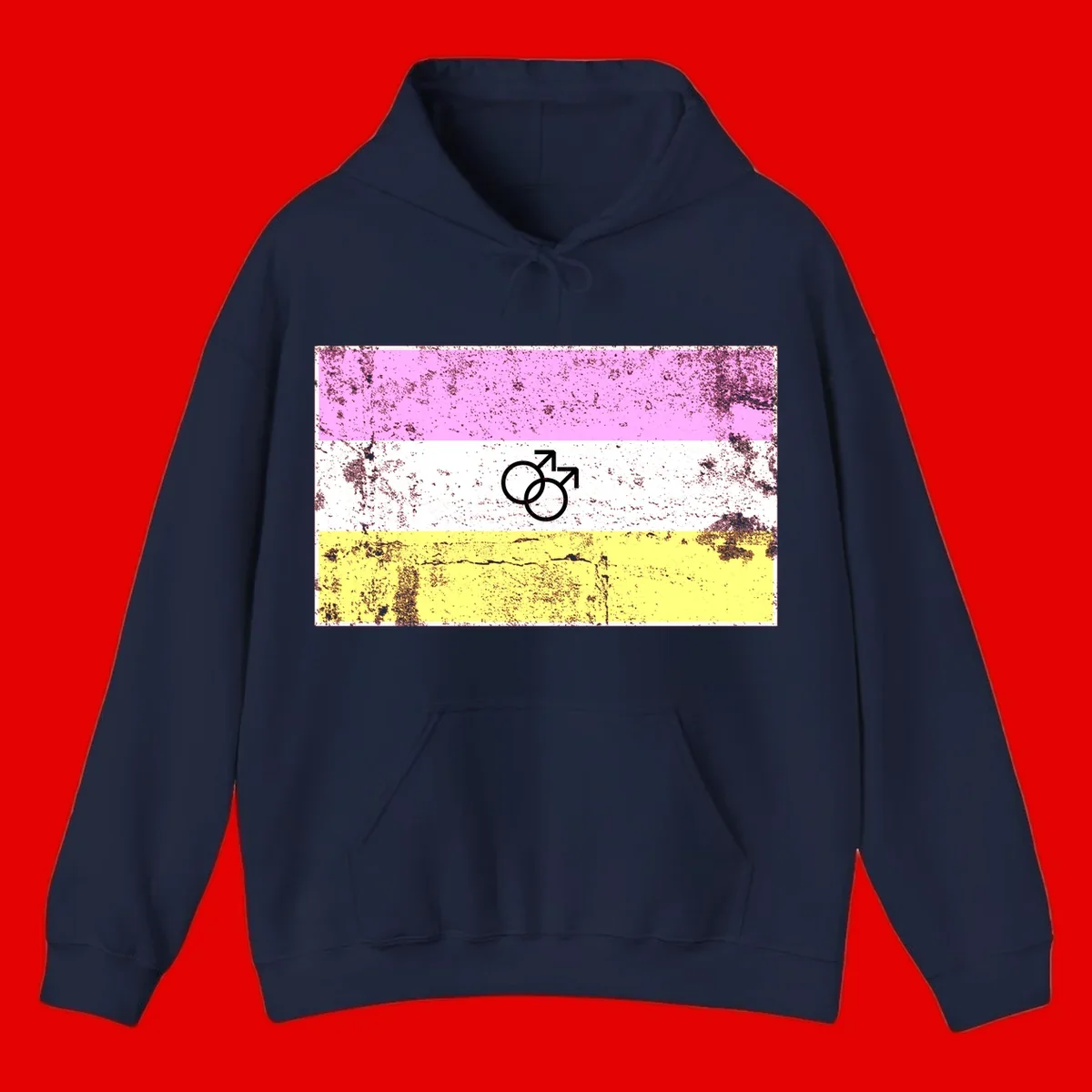 Male pride flag design with interlocking mars symbols on pink, white, and yellow horizontal stripes with distressed texture