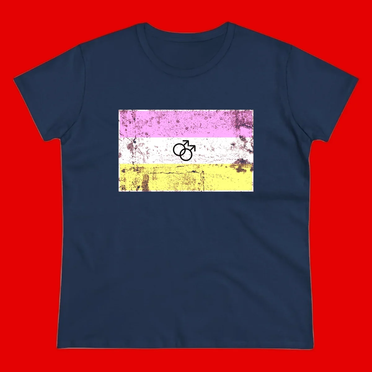 Male pride flag design with interlocking mars symbols on pink, white, and yellow horizontal stripes with distressed texture