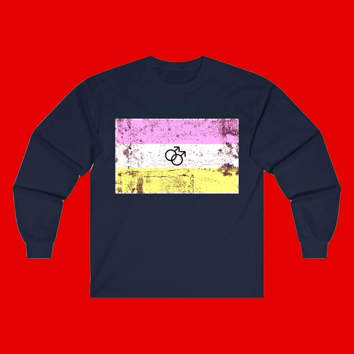 Male pride flag design with interlocking mars symbols on pink, white, and yellow horizontal stripes with distressed texture