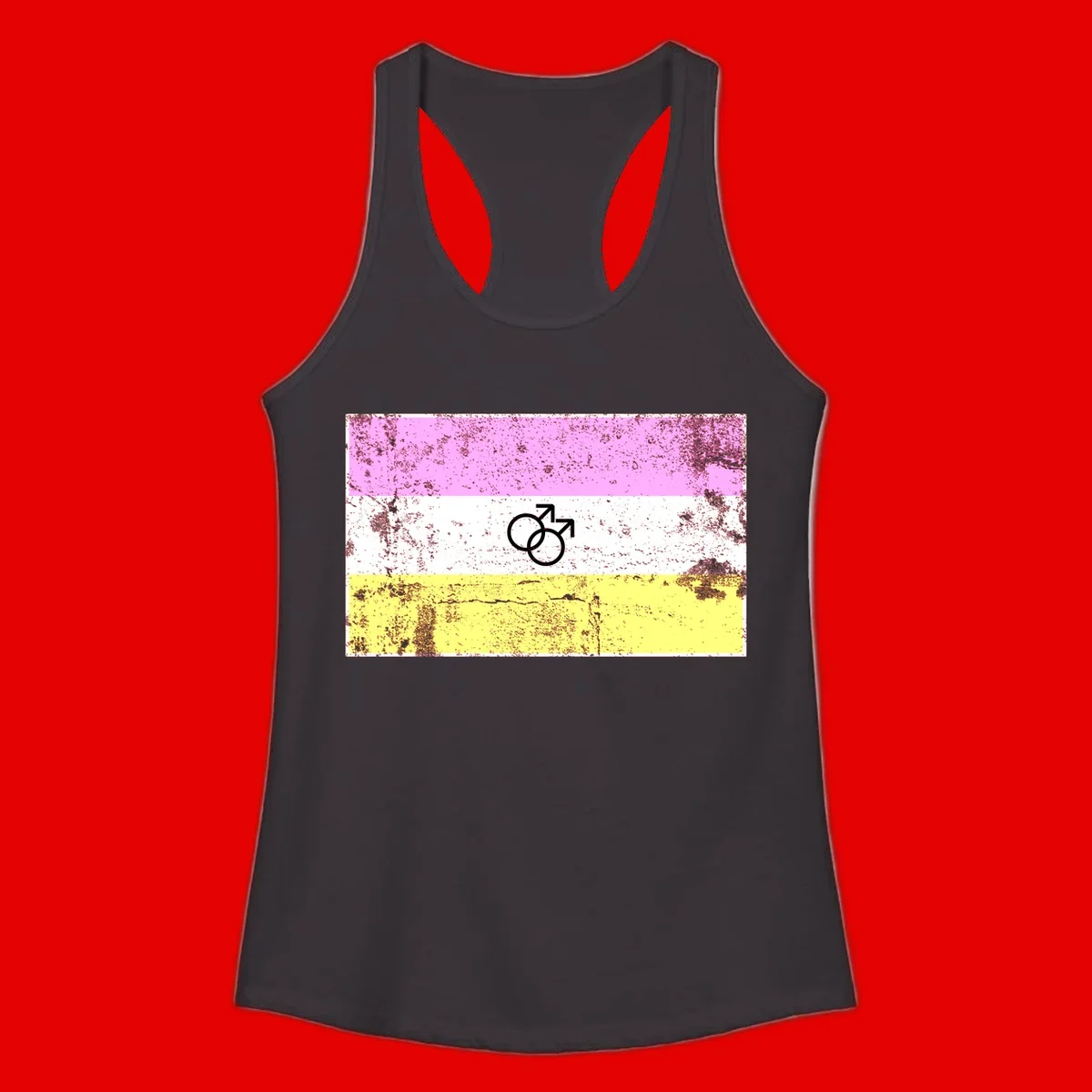 Male pride flag design with interlocking mars symbols on pink, white, and yellow horizontal stripes with distressed texture