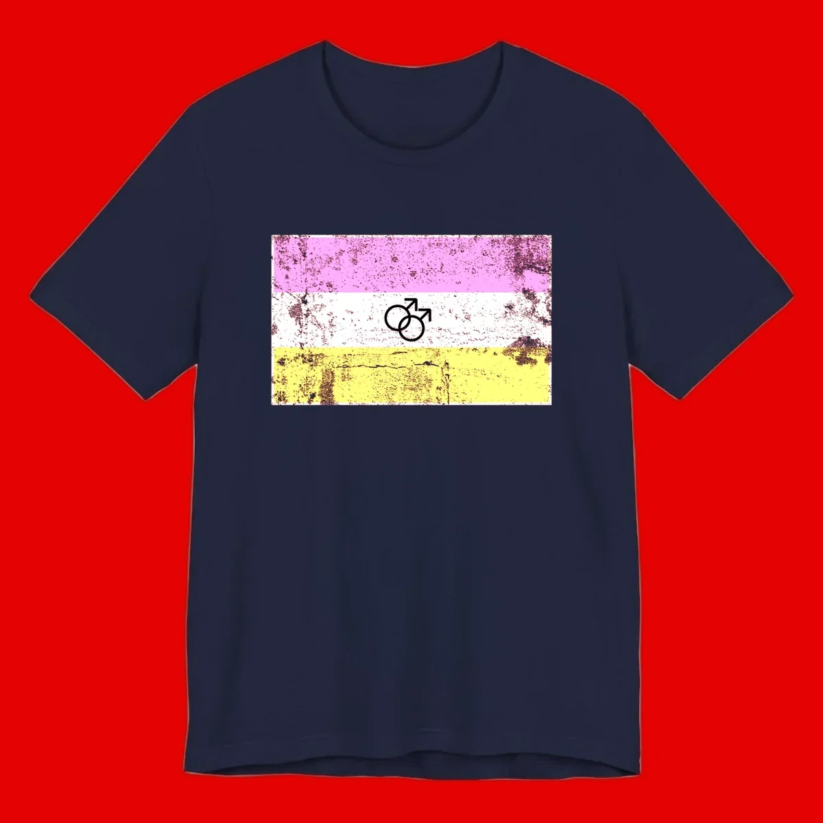 Male pride flag design with interlocking mars symbols on pink, white, and yellow horizontal stripes with distressed texture