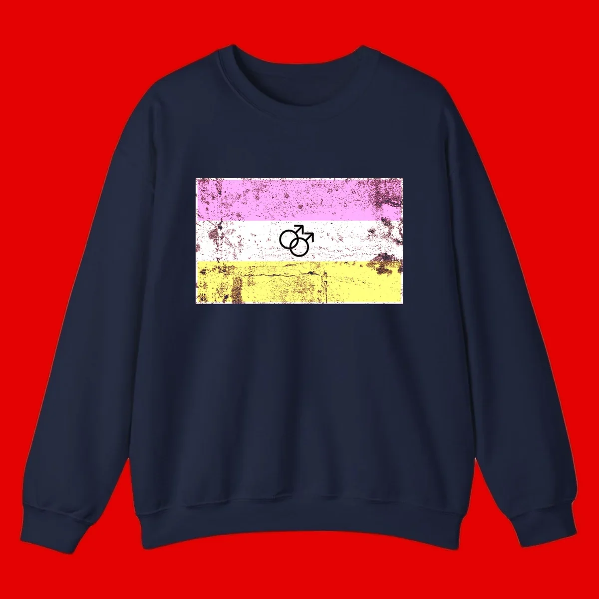 Male pride flag design with interlocking mars symbols on pink, white, and yellow horizontal stripes with distressed texture