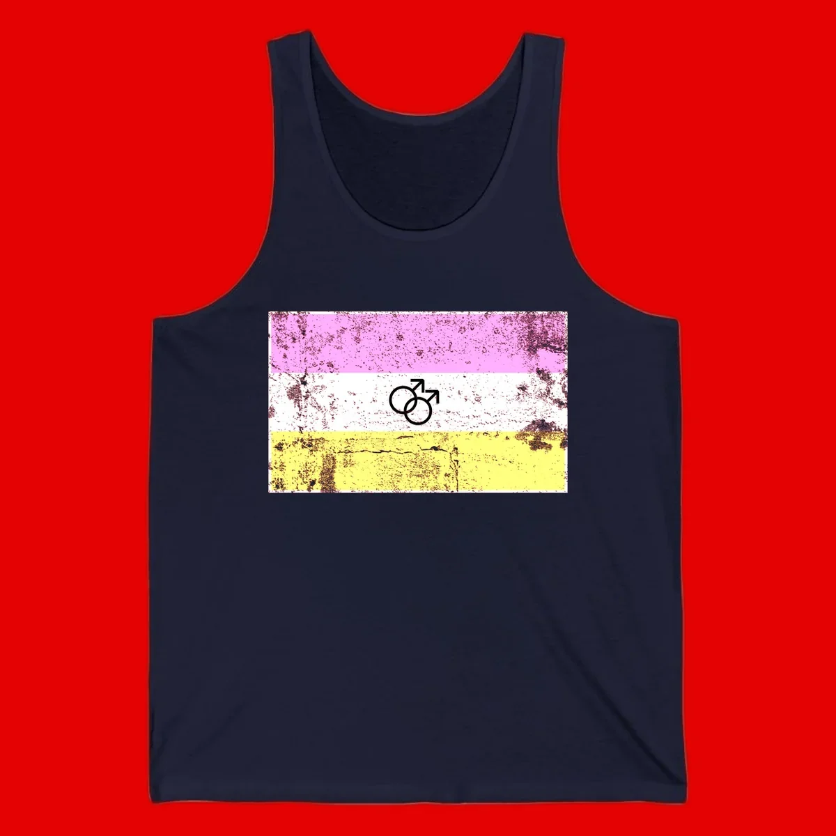 Male pride flag design with interlocking mars symbols on pink, white, and yellow horizontal stripes with distressed texture