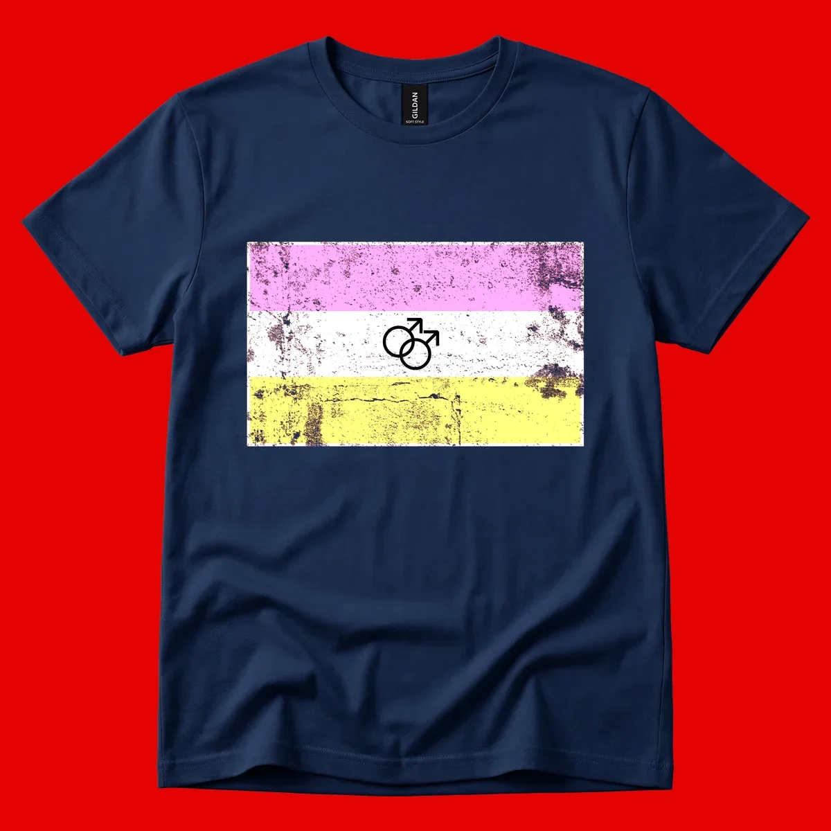 Male pride flag design with interlocking mars symbols on pink, white, and yellow horizontal stripes with distressed texture