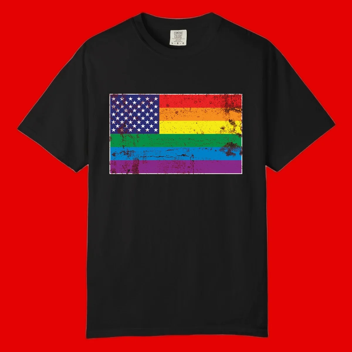 American flag with stars merged with rainbow pride flag stripes in distressed grunge style