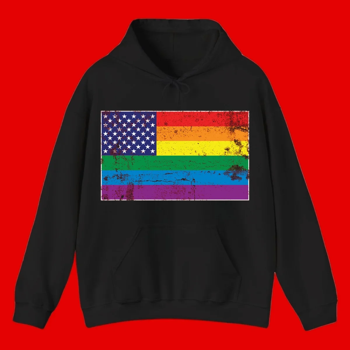 American flag with stars merged with rainbow pride flag stripes in distressed grunge style