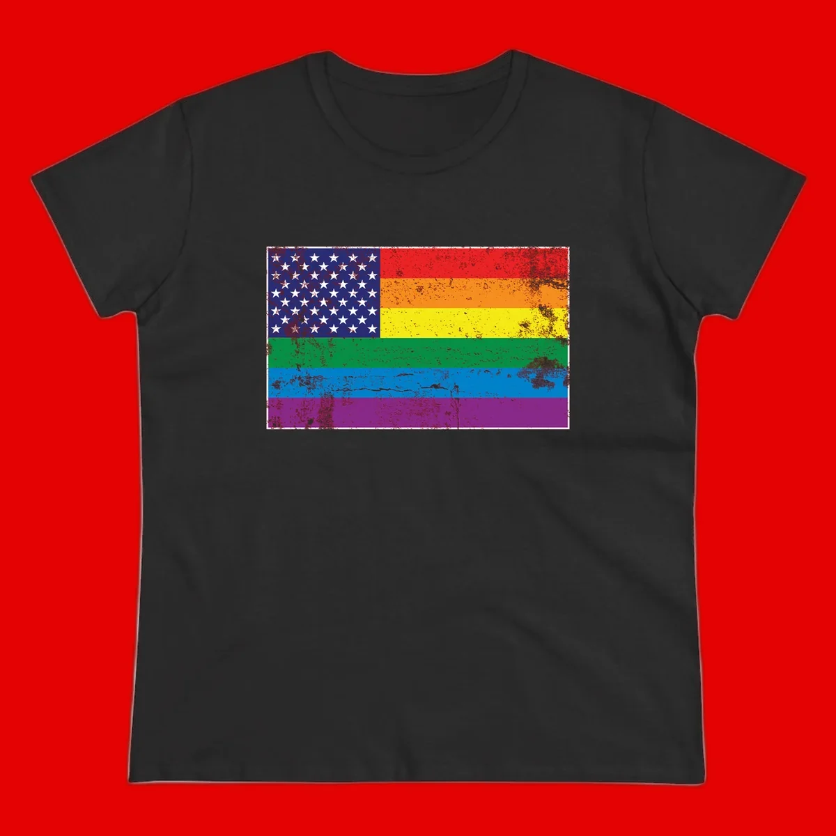 American flag with stars merged with rainbow pride flag stripes in distressed grunge style