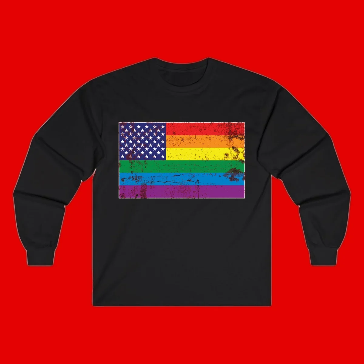 American flag with stars merged with rainbow pride flag stripes in distressed grunge style