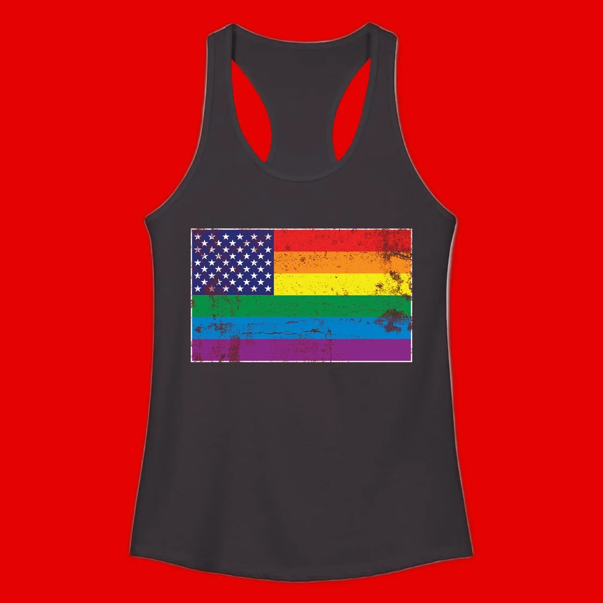 American flag with stars merged with rainbow pride flag stripes in distressed grunge style