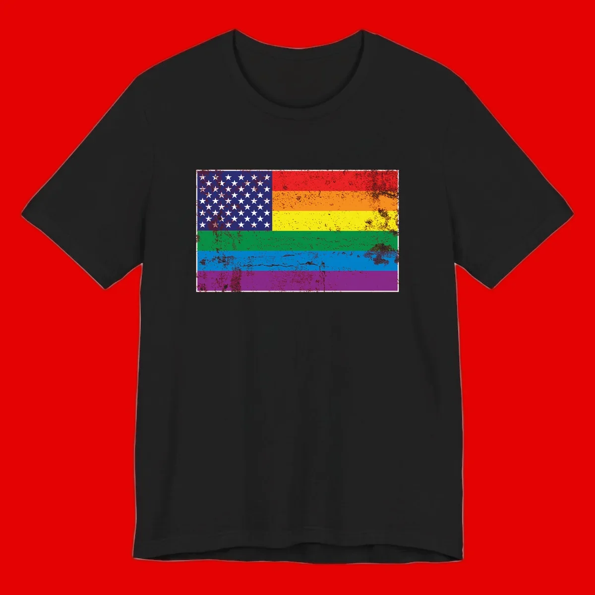 American flag with stars merged with rainbow pride flag stripes in distressed grunge style