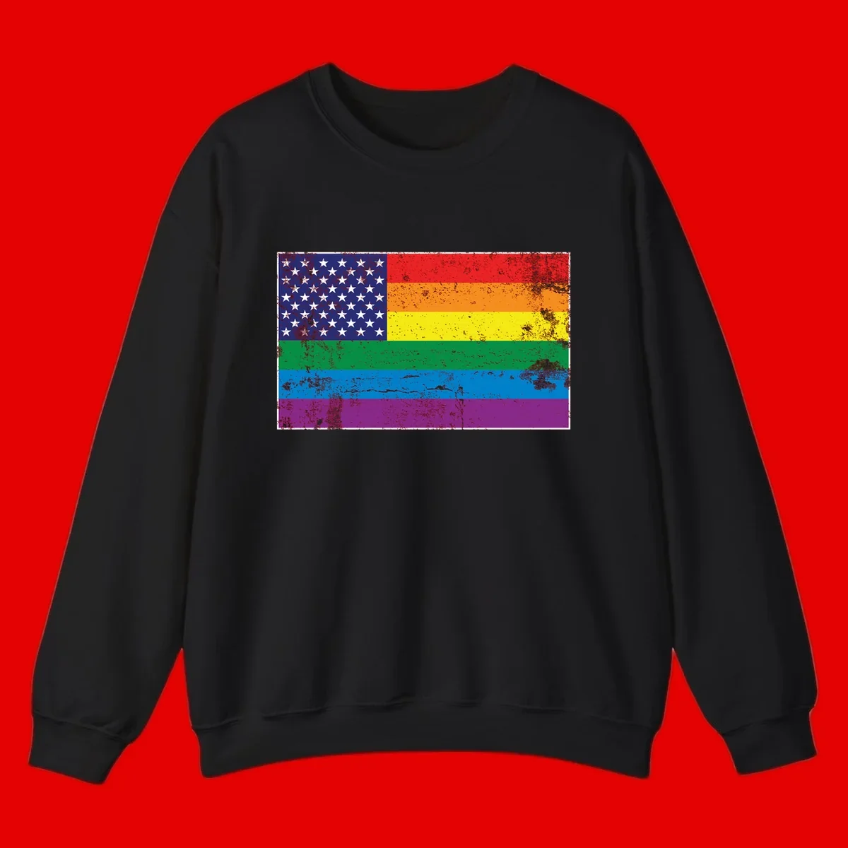 American flag with stars merged with rainbow pride flag stripes in distressed grunge style