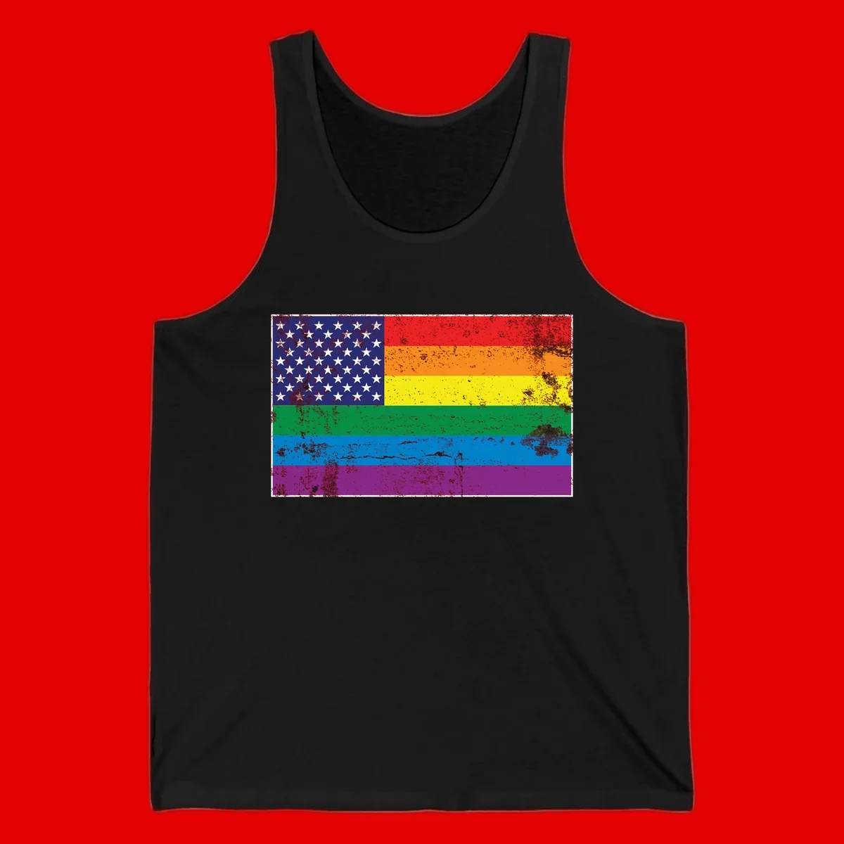 American flag with stars merged with rainbow pride flag stripes in distressed grunge style