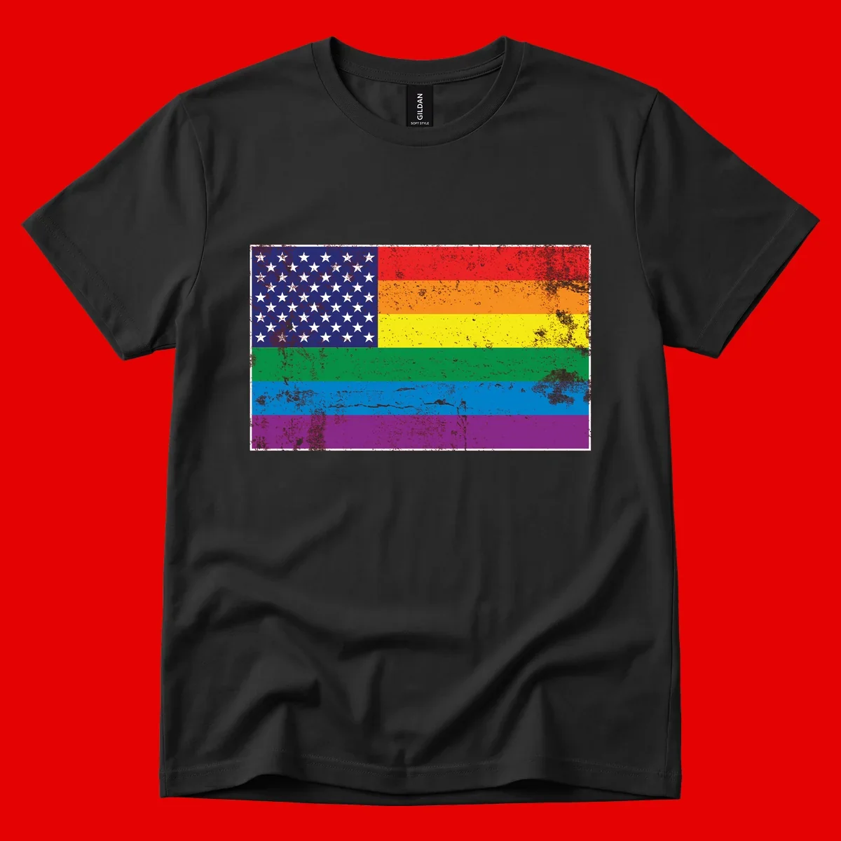 American flag with stars merged with rainbow pride flag stripes in distressed grunge style