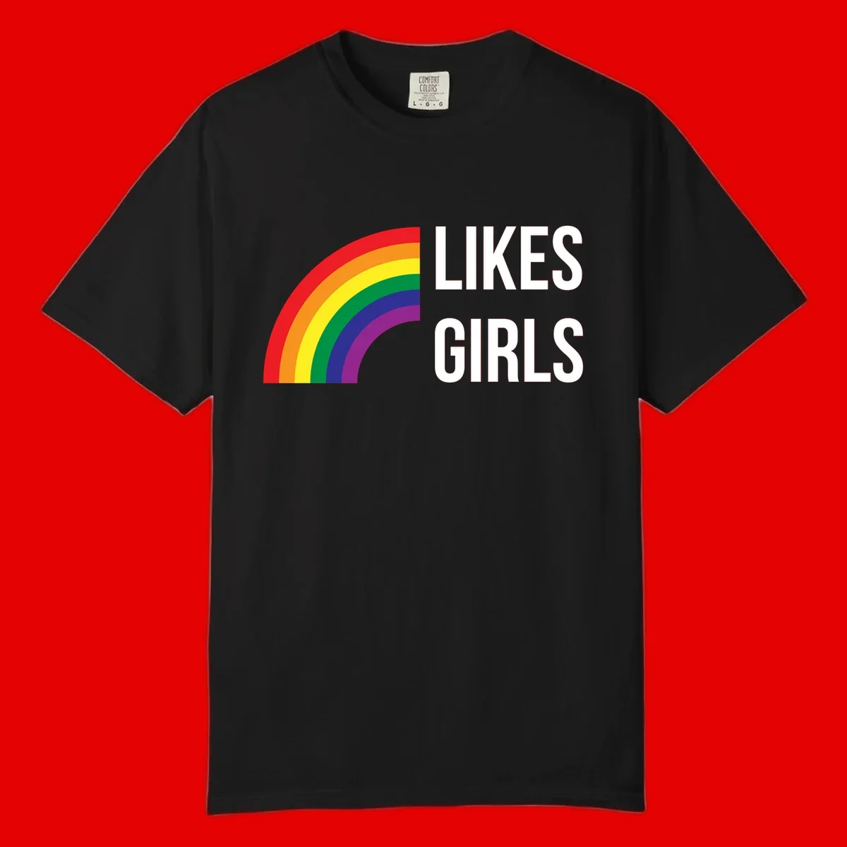 Colorful rainbow arc with 'Likes Girls' text - likes-girls-pride design on gray background
