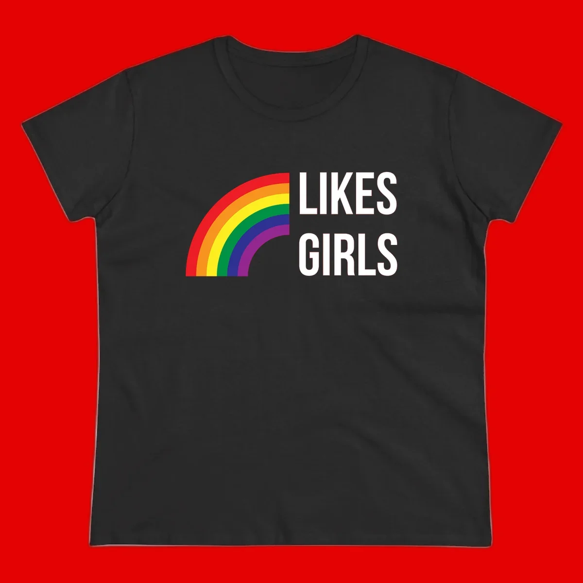 Colorful rainbow arc with 'Likes Girls' text - likes-girls-pride design on gray background