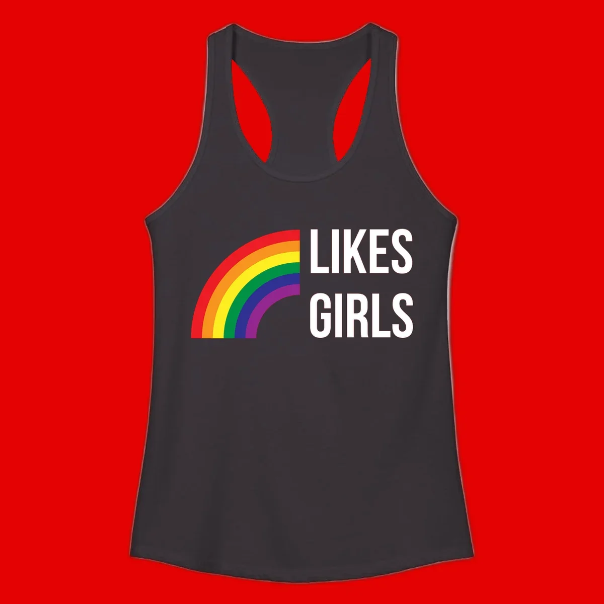 Colorful rainbow arc with 'Likes Girls' text - likes-girls-pride design on gray background
