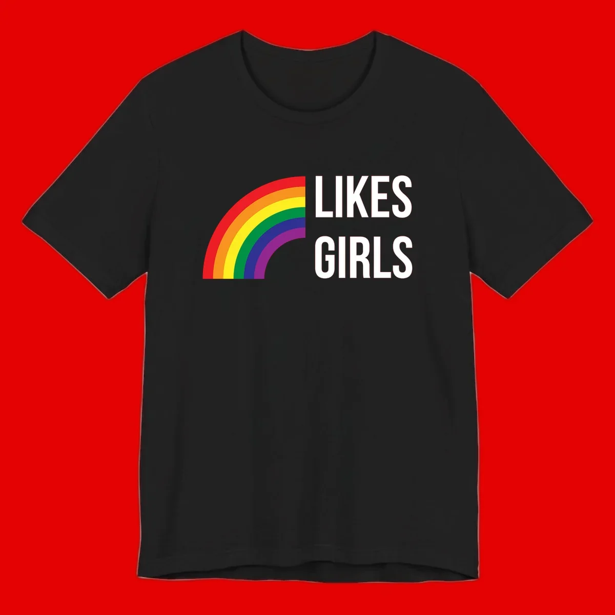 Colorful rainbow arc with 'Likes Girls' text - likes-girls-pride design on gray background