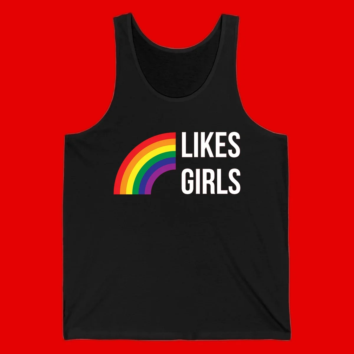 Colorful rainbow arc with 'Likes Girls' text - likes-girls-pride design on gray background