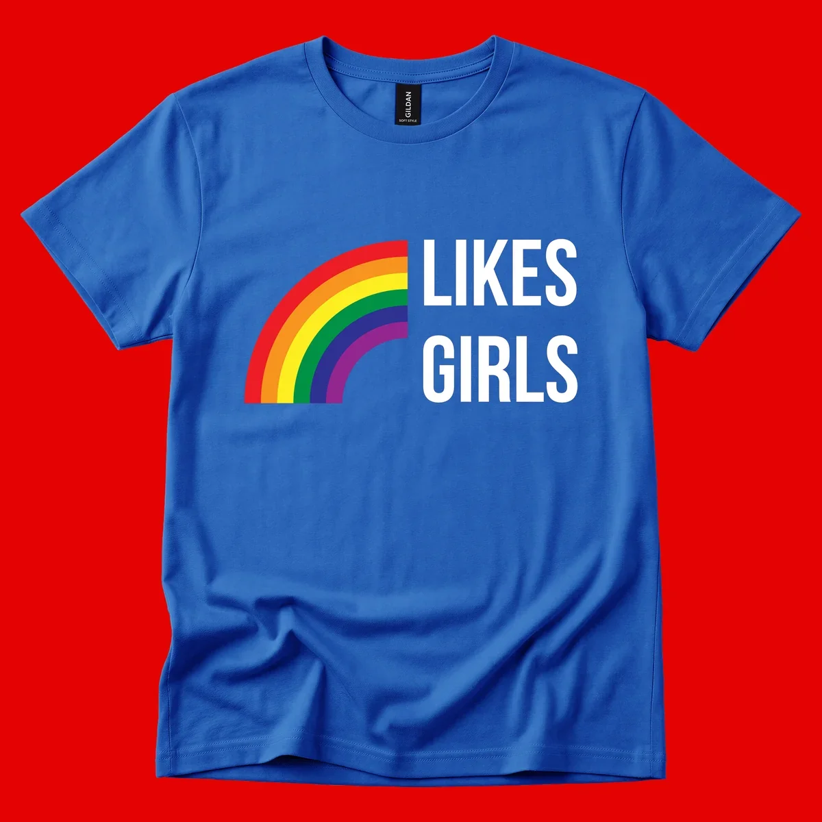 Colorful rainbow arc with 'Likes Girls' text - likes-girls-pride design on gray background