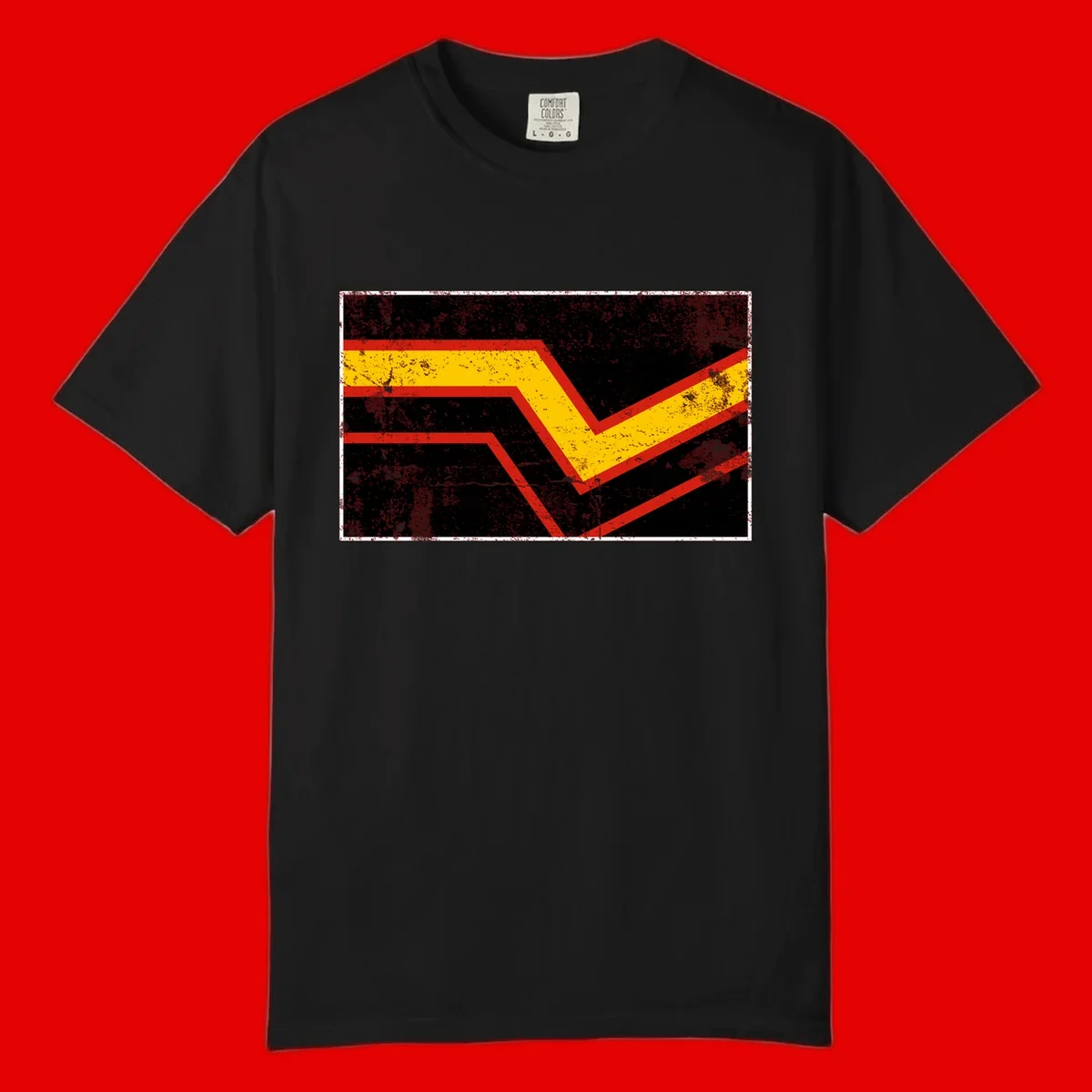 Bold geometric chevron checkmark with red and yellow stripes on distressed black background