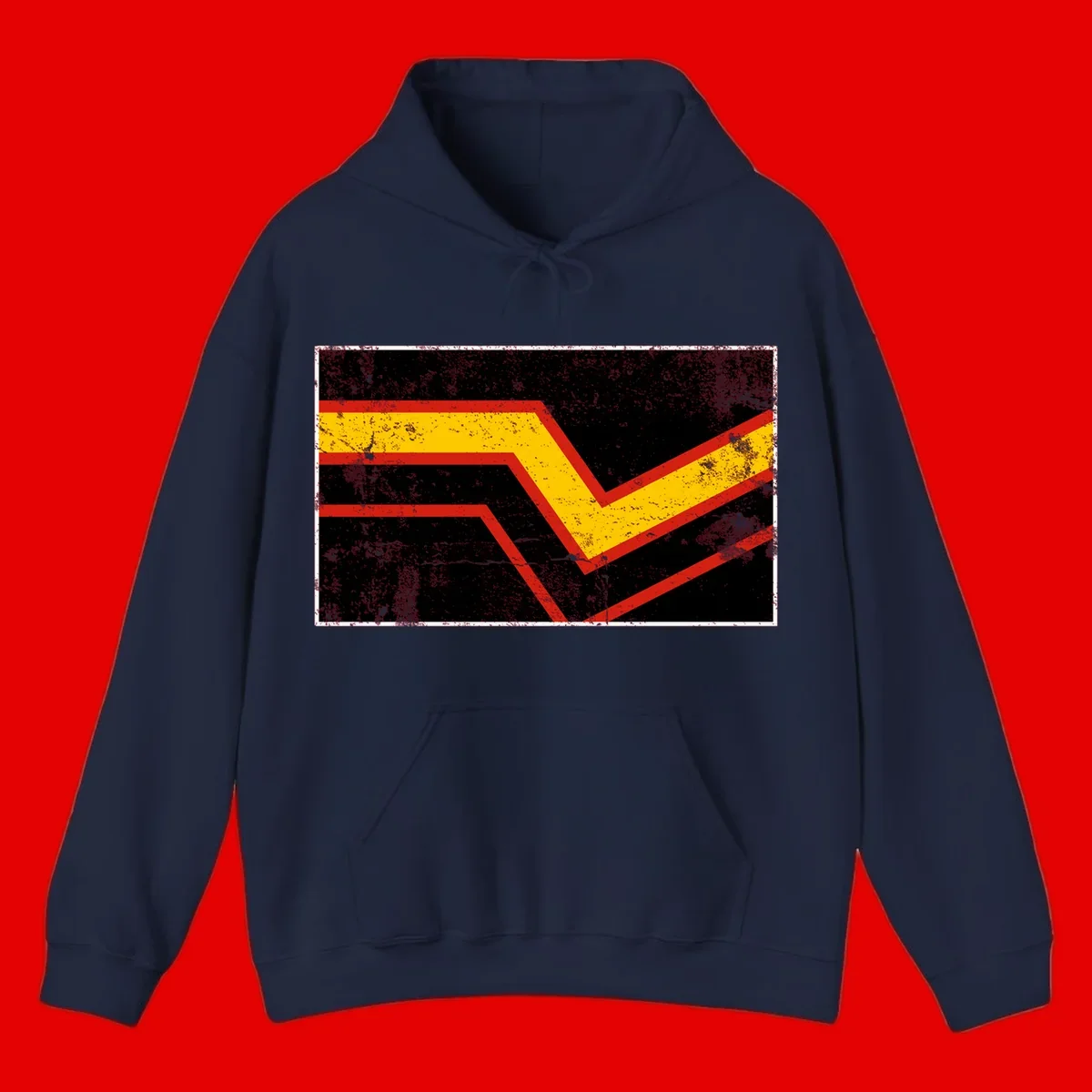 Bold geometric chevron checkmark with red and yellow stripes on distressed black background
